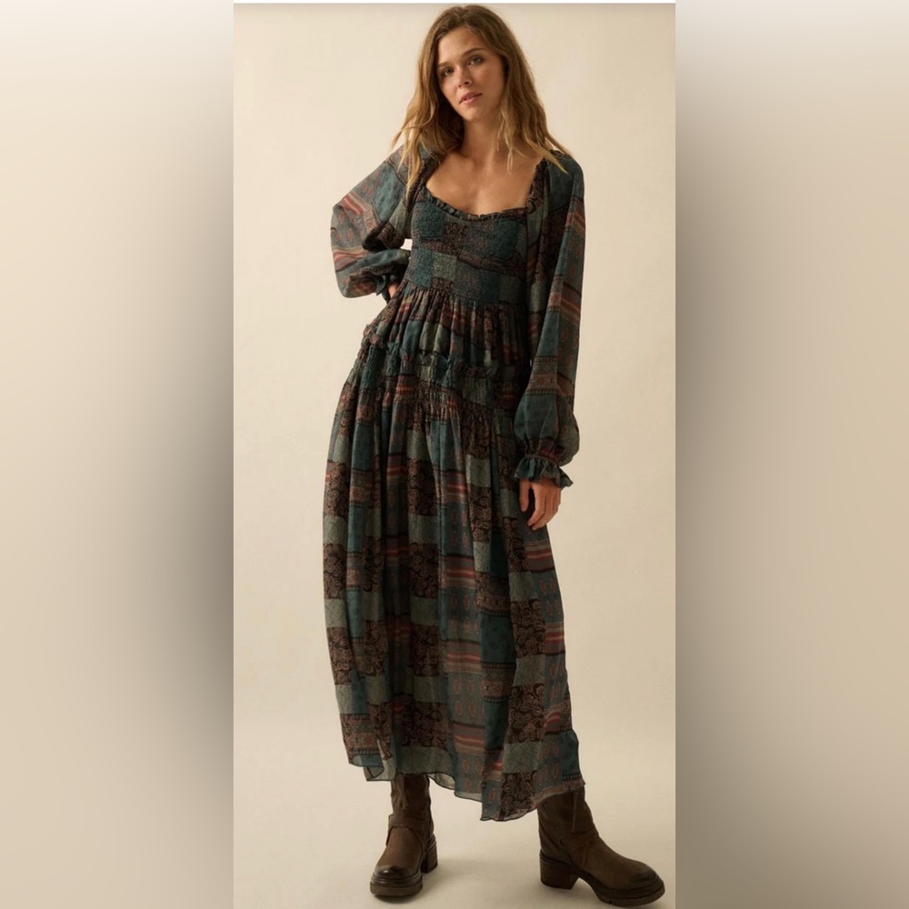 NWT Promesa Pieces of Me Patchwork Print Smocked Maxi Dress - Pine